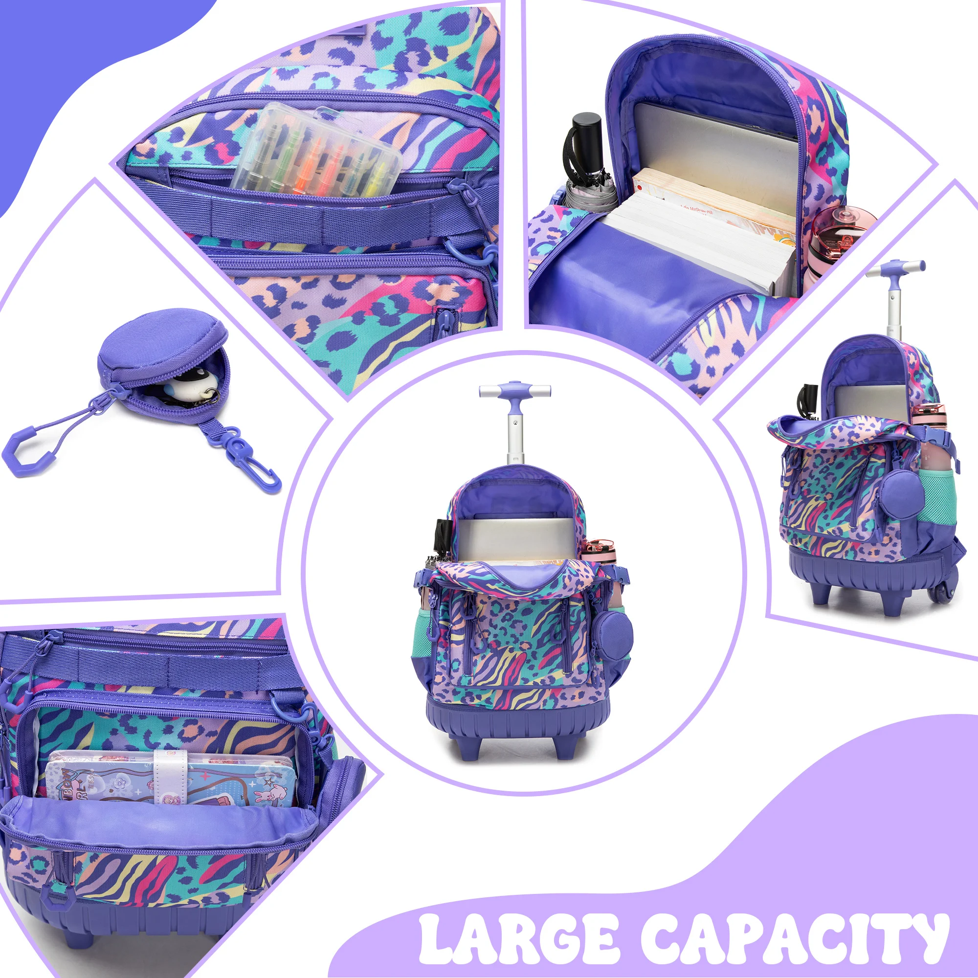Rolling Backpacks for Kids Backpack for Girls with Lunch Bag Pencil Case 16.5" Kids Backpack with Wheels Roller Backpacks