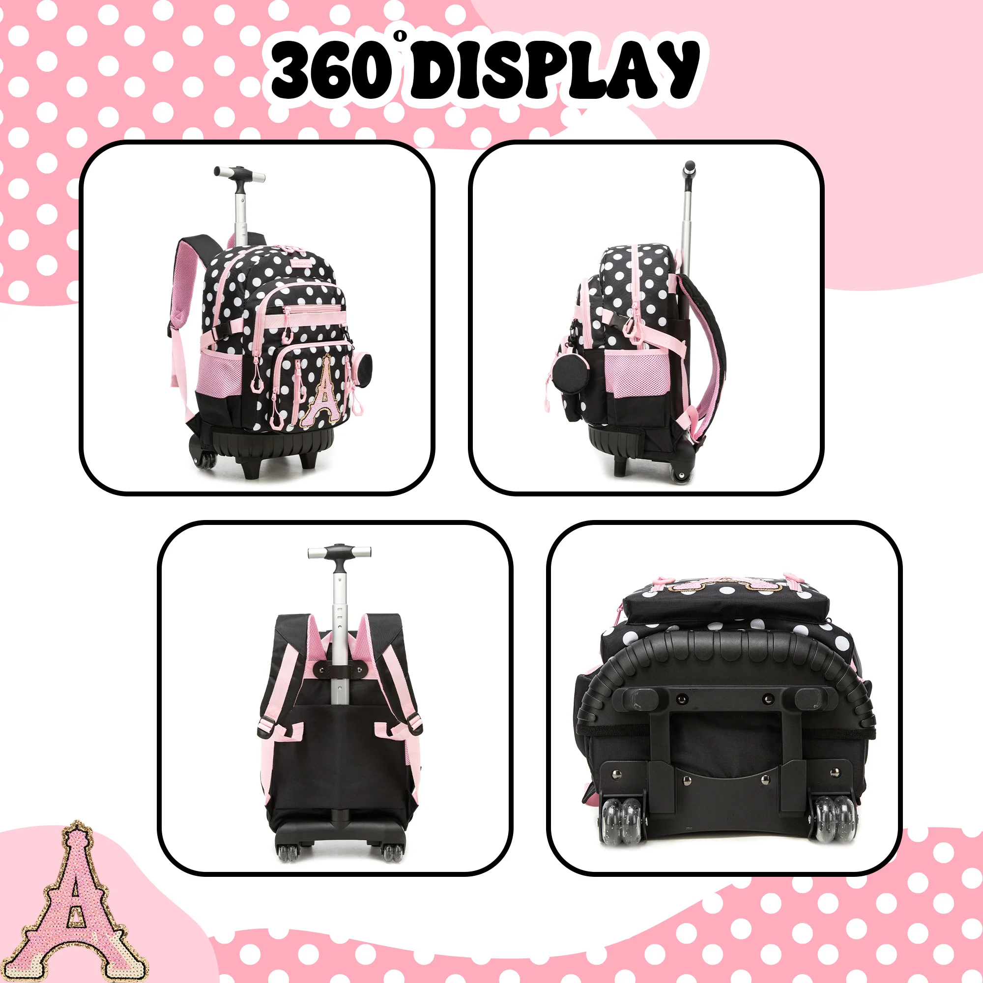 Rolling Backpacks for Kids Backpack for Girls with Lunch Bag Pencil Case 16.5" Kids Backpack with Wheels Roller Backpacks