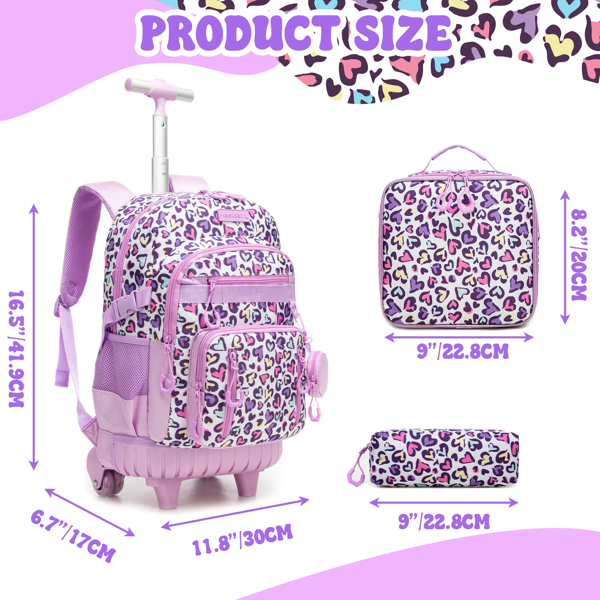 Rolling Backpacks for Kids Backpack for Girls with Lunch Bag Pencil Case 16.5" Kids Backpack with Wheels Roller Backpacks