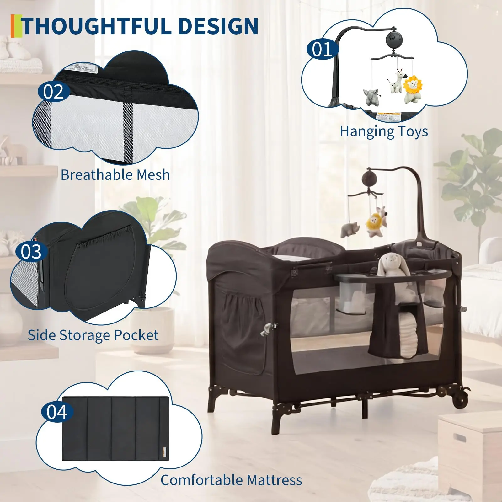 4-in-1 Multifunctional Baby Running Grille & Side bed Play Surface, Integrated Baby cradle, Changing table, Mattress, practical Storage s Bag & revolving game bow-proof playpen for Infants & toddlers
