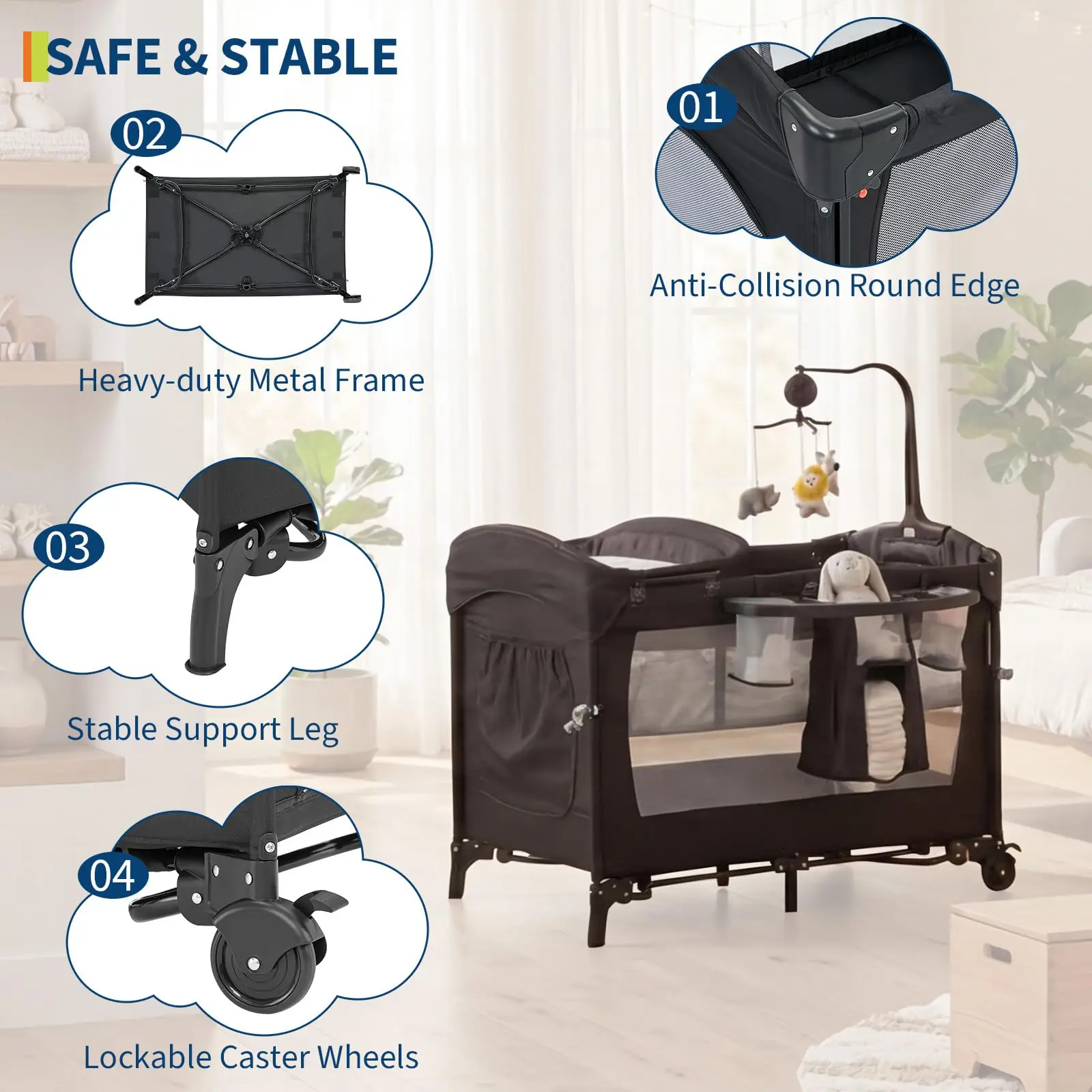 4-in-1 Multifunctional Baby Running Grille & Side bed Play Surface, Integrated Baby cradle, Changing table, Mattress, practical Storage s Bag & revolving game bow-proof playpen for Infants & toddlers