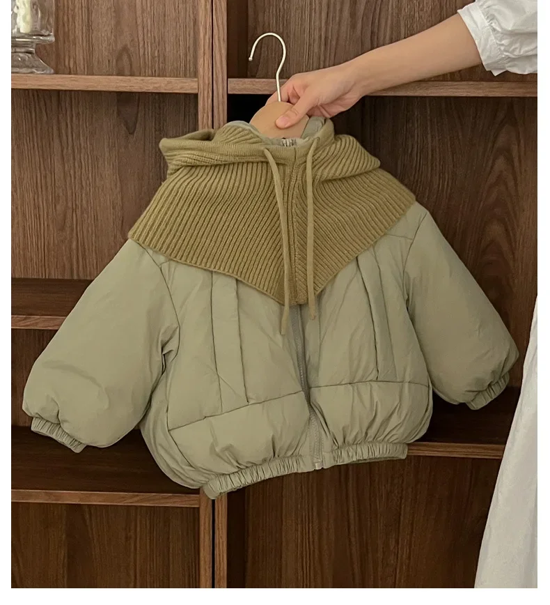 ZOETOPKID Winter Coat Kids Cotton Down Jacket New Children's Solid Color Matching Knitted Hat Thickened Warm Cotton Clothes