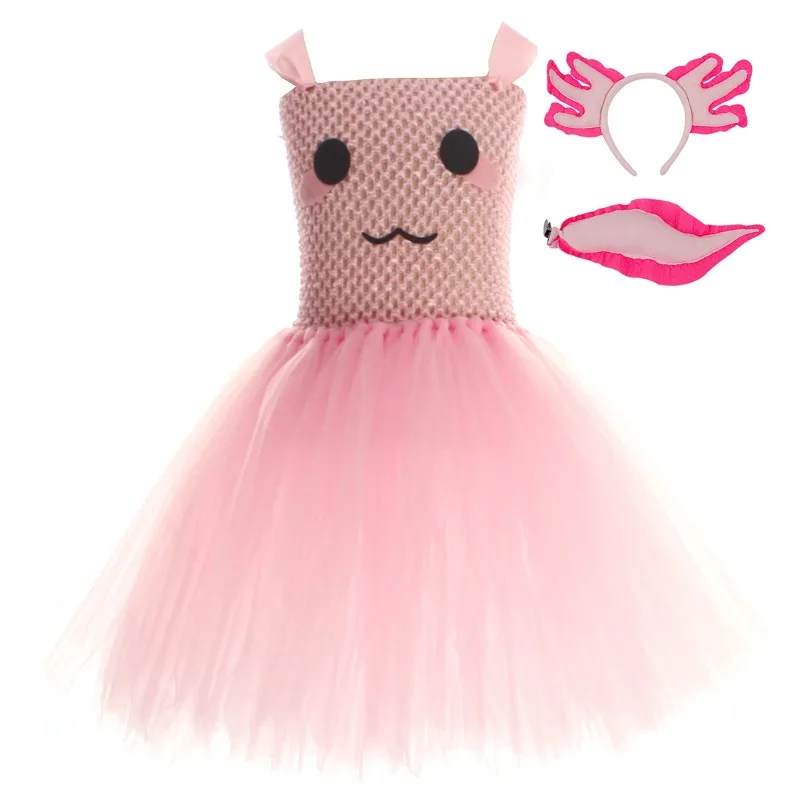 Cute Pink Axolotl Tulle Tutu Dress for Girls, Kids Cartoon Outfit for Stage Shows, Gorgeous Clothing for Halloween and Carnival