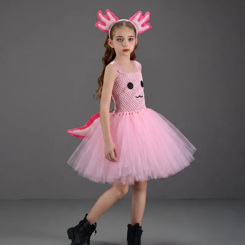 Cute Pink Axolotl Tulle Tutu Dress for Girls, Kids Cartoon Outfit for Stage Shows, Gorgeous Clothing for Halloween and Carnival