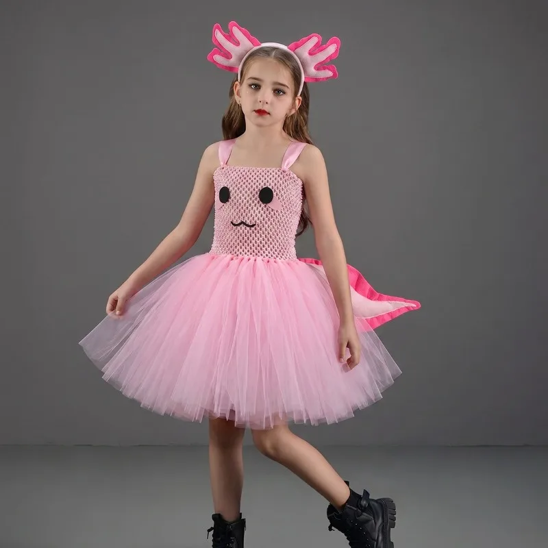Cute Pink Axolotl Tulle Tutu Dress for Girls, Kids Cartoon Outfit for Stage Shows, Gorgeous Clothing for Halloween and Carnival