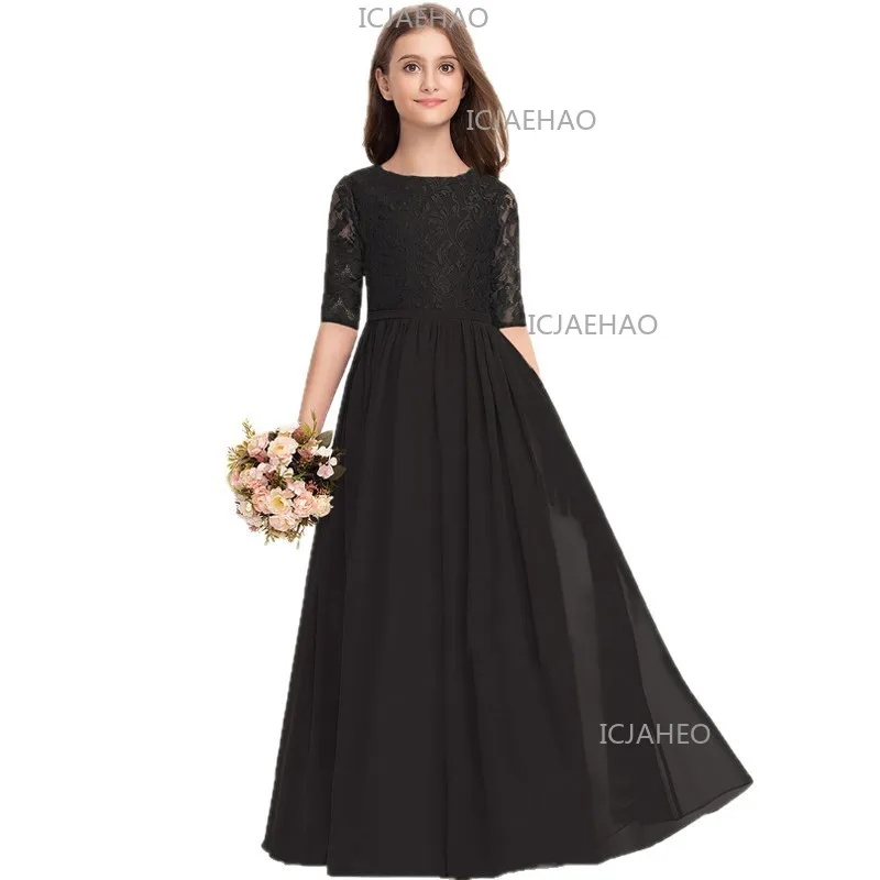 Kids Piano Long Stage Gown Guzheng Cello Performance Elegant Fashion Host Princess Dress Girls Summer Lace Short Sleeve Clothes