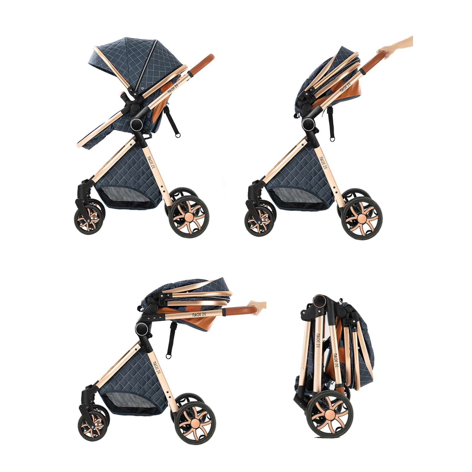 Luxury 3 in 1 Baby Stroller Set with 6 Free Gifts Mommy Bag Rain Cover Footrest Seat Cushion Portable Car Seat Reversible Sleeping Basket High Landscape Folding Newborn Infant Pushchair Shockproof Travel System Pram Set for 0-4 Years