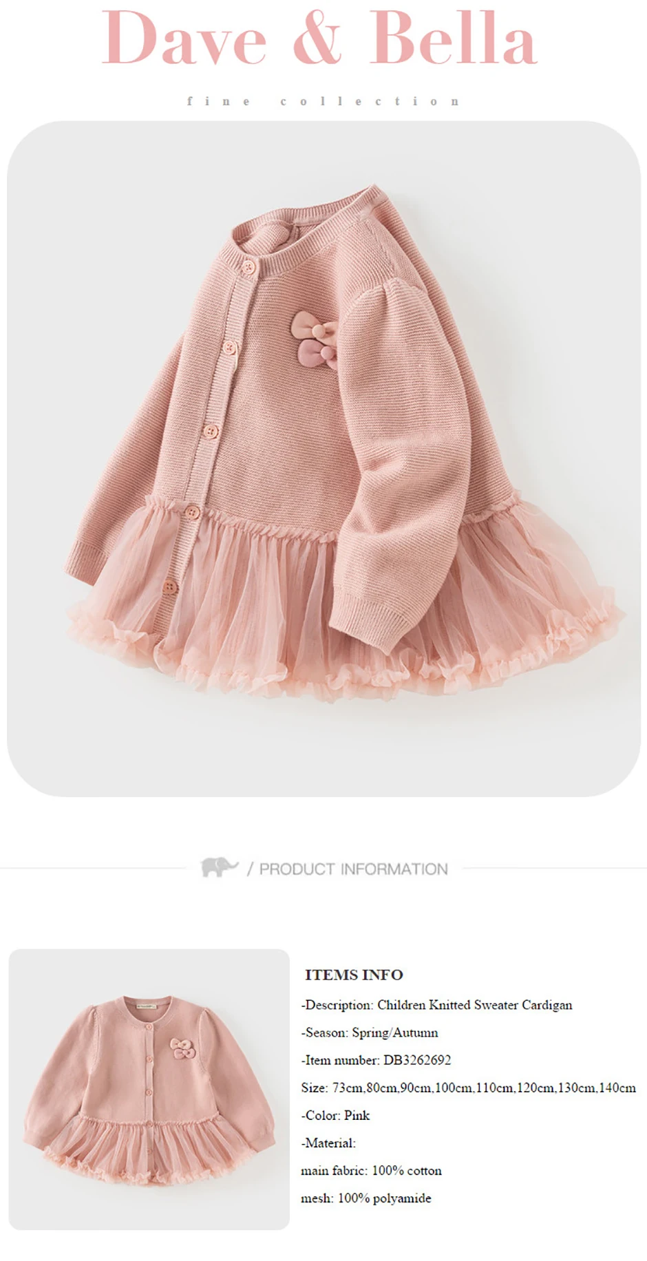 Dave Bella Girls Sweater Cardigan Autumn Spring Baby Mesh Cotton Coats Casual Sweater Charm Outerwear Children Clothes DB3262692