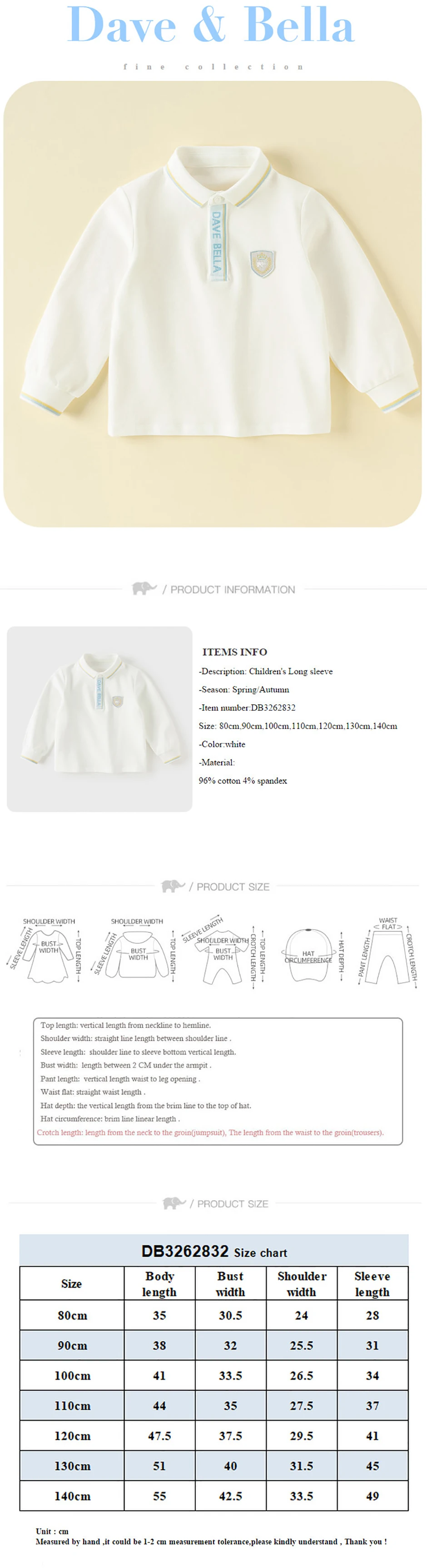 Dave Bella Children White Polo Shirts Autumn Spring Boys Clothes Blouse Top Casual Gentle Sports Fashion Outdoor Party DB3262832
