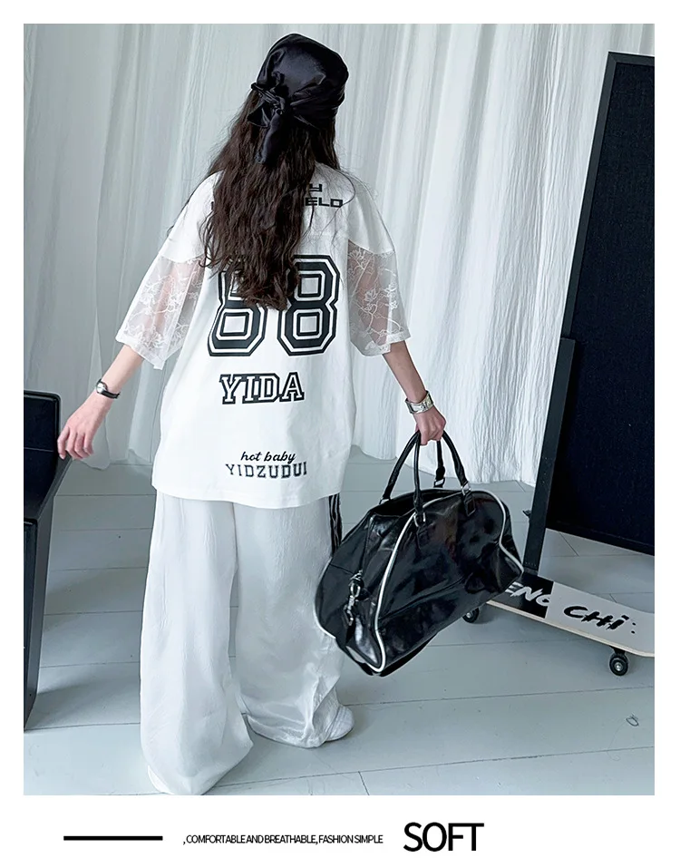 summer teen girls lace splicing sports suit casual t-shirt tops+sweat pants 2pcs junior kids suit child boutique outfits 4-6-14