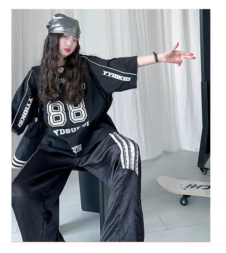 summer teen girls lace splicing sports suit casual t-shirt tops+sweat pants 2pcs junior kids suit child boutique outfits 4-6-14