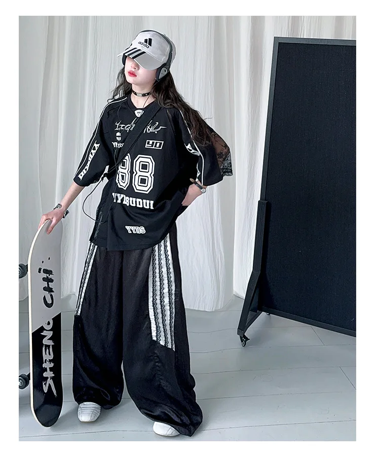 summer teen girls lace splicing sports suit casual t-shirt tops+sweat pants 2pcs junior kids suit child boutique outfits 4-6-14