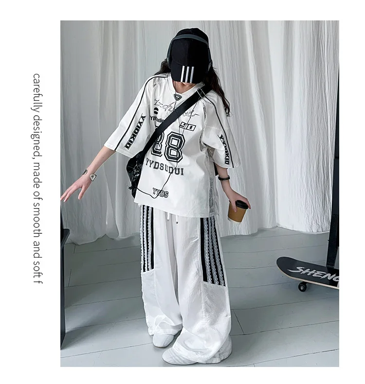 summer teen girls lace splicing sports suit casual t-shirt tops+sweat pants 2pcs junior kids suit child boutique outfits 4-6-14