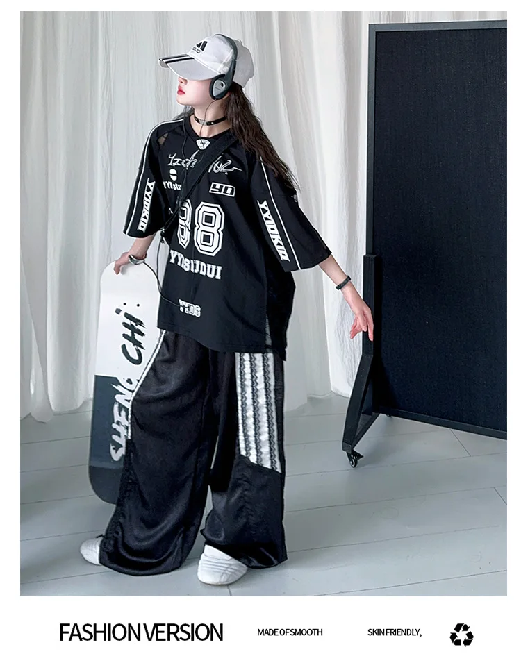 summer teen girls lace splicing sports suit casual t-shirt tops+sweat pants 2pcs junior kids suit child boutique outfits 4-6-14