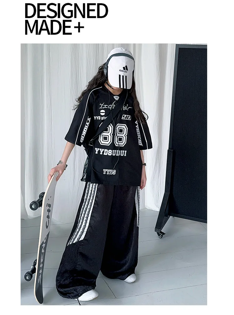 summer teen girls lace splicing sports suit casual t-shirt tops+sweat pants 2pcs junior kids suit child boutique outfits 4-6-14