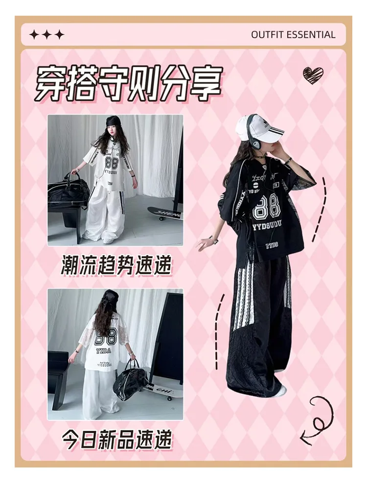 summer teen girls lace splicing sports suit casual t-shirt tops+sweat pants 2pcs junior kids suit child boutique outfits 4-6-14