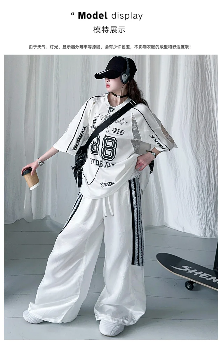 summer teen girls lace splicing sports suit casual t-shirt tops+sweat pants 2pcs junior kids suit child boutique outfits 4-6-14