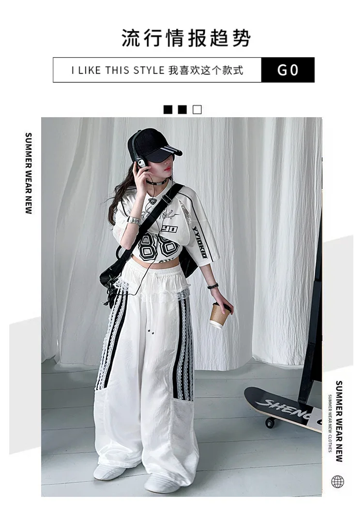 summer teen girls lace splicing sports suit casual t-shirt tops+sweat pants 2pcs junior kids suit child boutique outfits 4-6-14