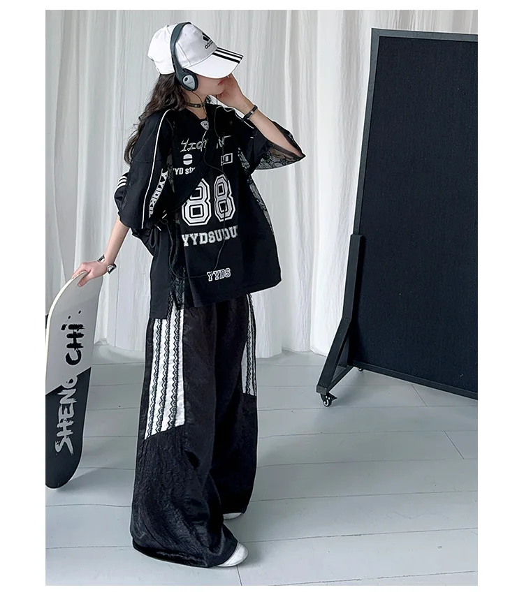 summer teen girls lace splicing sports suit casual t-shirt tops+sweat pants 2pcs junior kids suit child boutique outfits 4-6-14