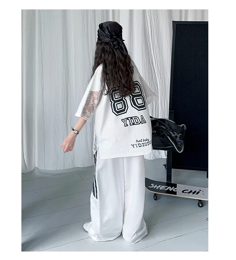 summer teen girls lace splicing sports suit casual t-shirt tops+sweat pants 2pcs junior kids suit child boutique outfits 4-6-14