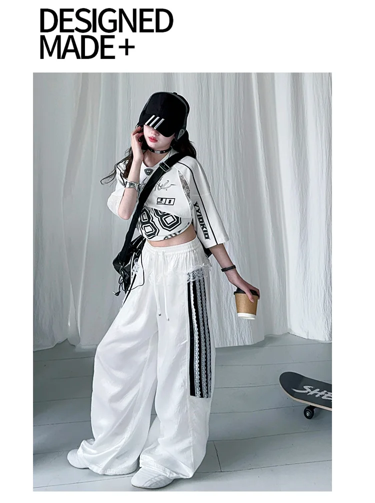 summer teen girls lace splicing sports suit casual t-shirt tops+sweat pants 2pcs junior kids suit child boutique outfits 4-6-14