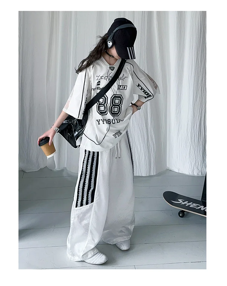 summer teen girls lace splicing sports suit casual t-shirt tops+sweat pants 2pcs junior kids suit child boutique outfits 4-6-14