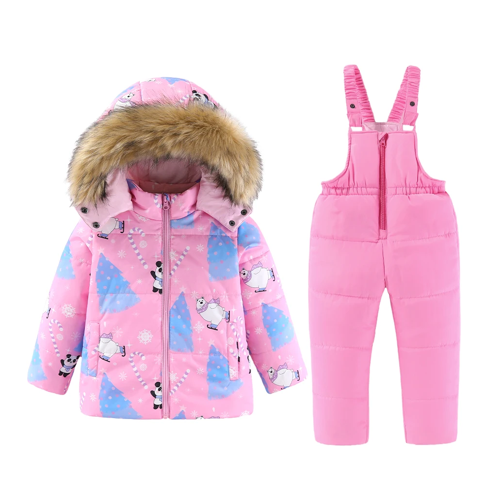 4-8T Kids Girls Ski Suits Hooded Snowboard Coats Children Winter Warm Pant Outdoor Sportwear Thick Cotton Snowboard Skiing Suit