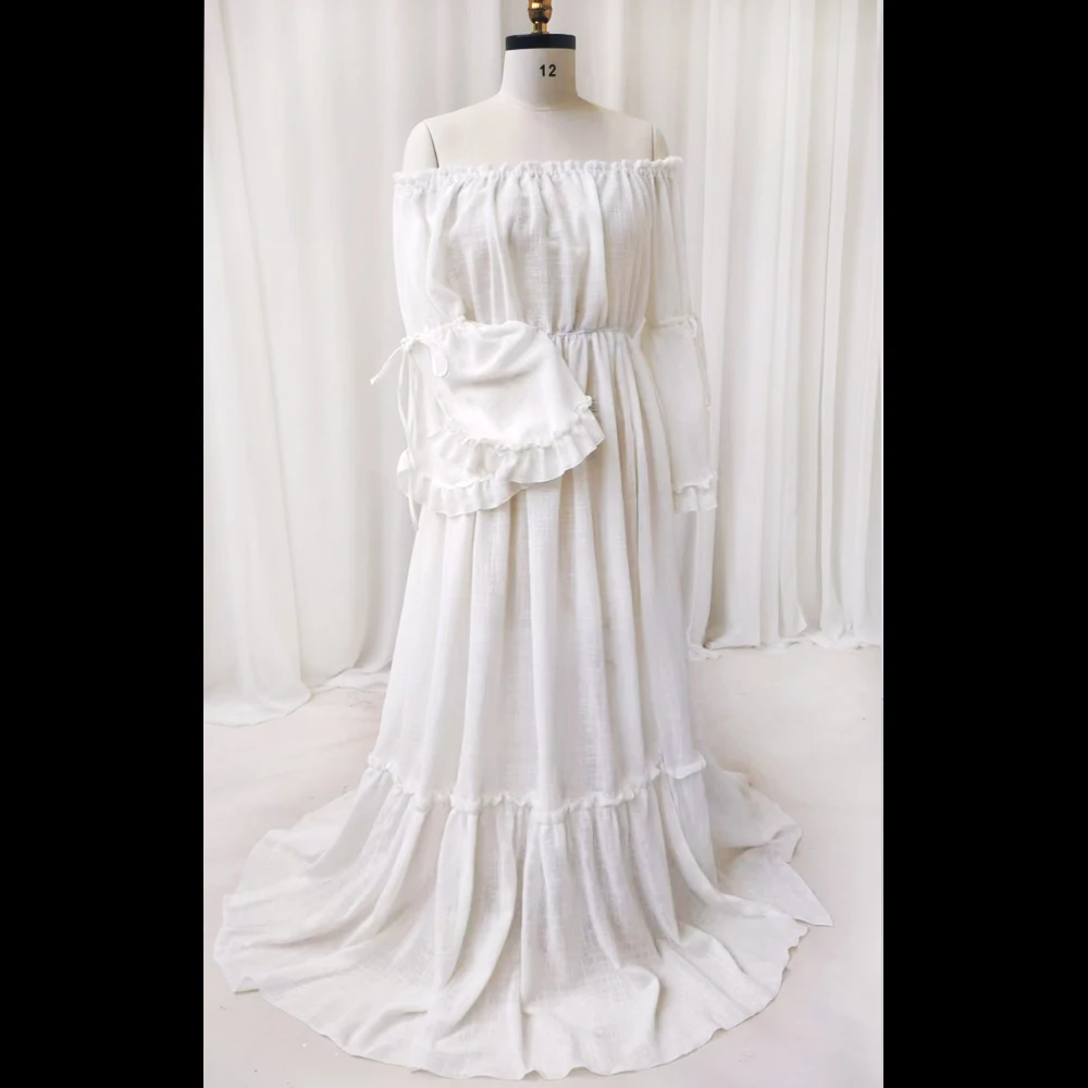 Boho Pregnant Dress Comfortable Linen Cotton One Shoulder Lace Long Sleeved Dress Photography Dress For Women