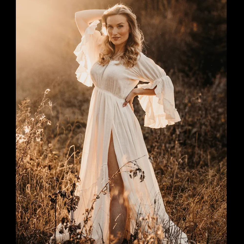 Boho Pregnant Dress Comfortable Linen Cotton One Shoulder Lace Long Sleeved Dress Photography Dress For Women