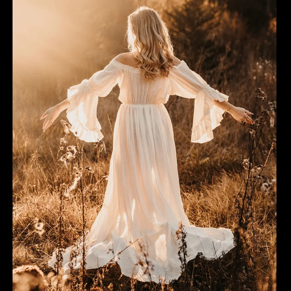 Boho Pregnant Dress Comfortable Linen Cotton One Shoulder Lace Long Sleeved Dress Photography Dress For Women