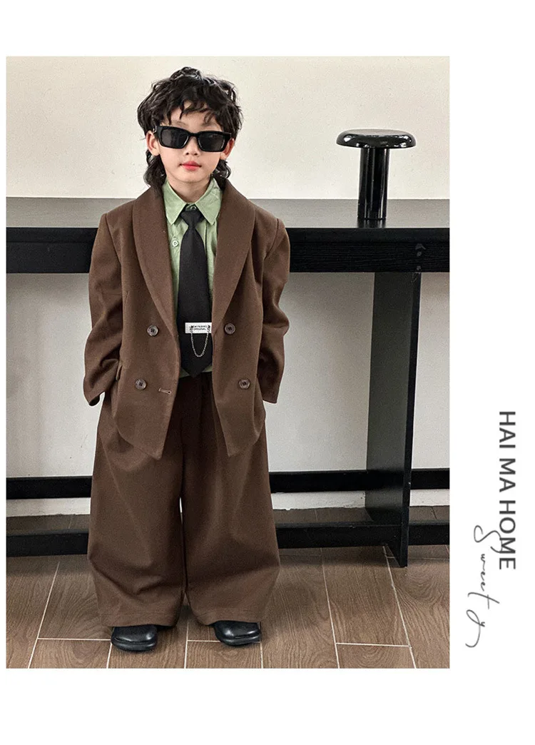 Boys Woollen Loose Blazer Jacket Pants Suits Kids Formal Dress Performance Casual Clothes Sets Child Toddler Party Leisure Suit