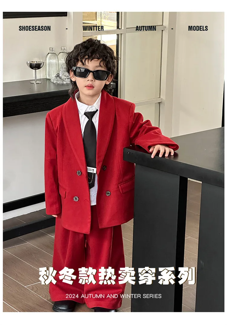 Boys Woollen Loose Blazer Jacket Pants Suits Kids Formal Dress Performance Casual Clothes Sets Child Toddler Party Leisure Suit