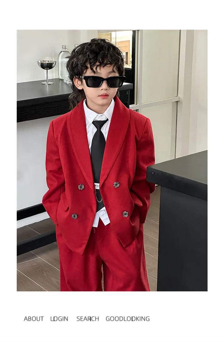 Boys Woollen Loose Blazer Jacket Pants Suits Kids Formal Dress Performance Casual Clothes Sets Child Toddler Party Leisure Suit