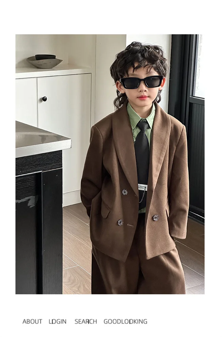 Boys Woollen Loose Blazer Jacket Pants Suits Kids Formal Dress Performance Casual Clothes Sets Child Toddler Party Leisure Suit