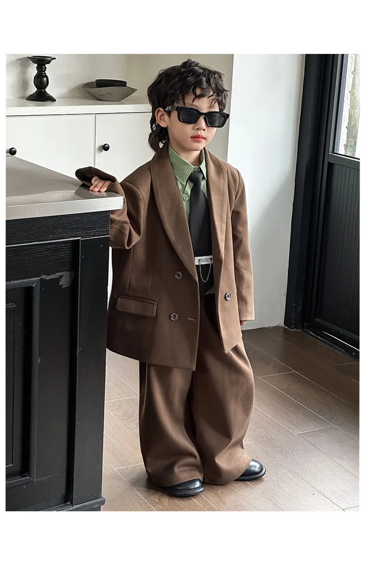 Boys Woollen Loose Blazer Jacket Pants Suits Kids Formal Dress Performance Casual Clothes Sets Child Toddler Party Leisure Suit