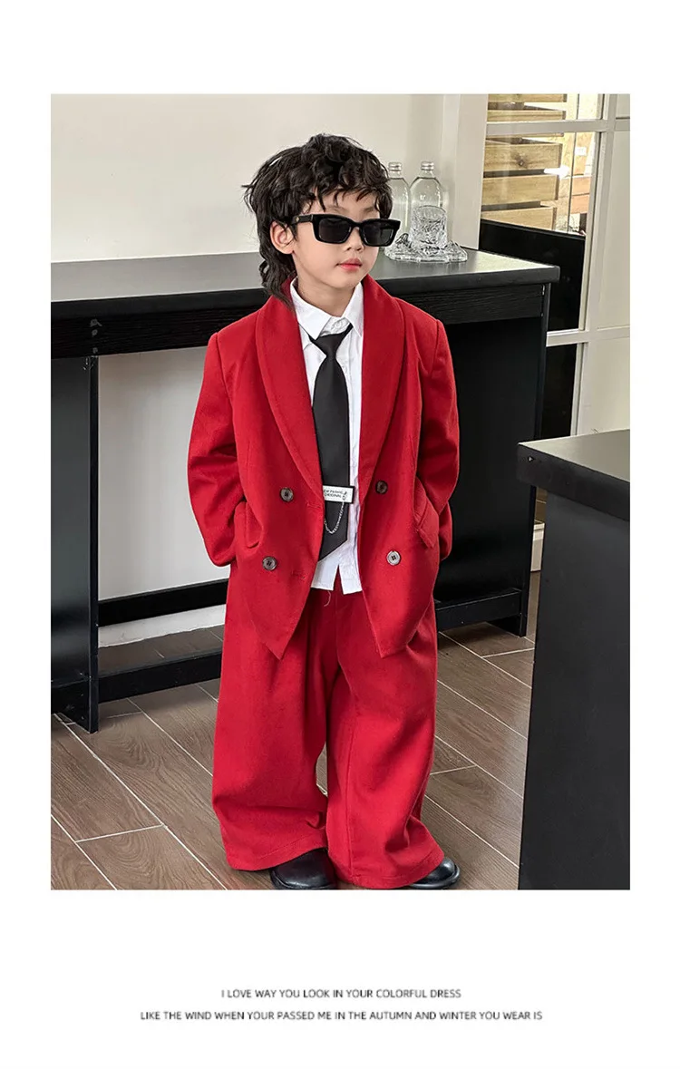 Boys Woollen Loose Blazer Jacket Pants Suits Kids Formal Dress Performance Casual Clothes Sets Child Toddler Party Leisure Suit