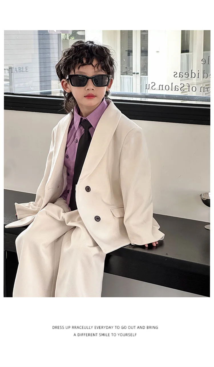 Boys Woollen Loose Blazer Jacket Pants Suits Kids Formal Dress Performance Casual Clothes Sets Child Toddler Party Leisure Suit