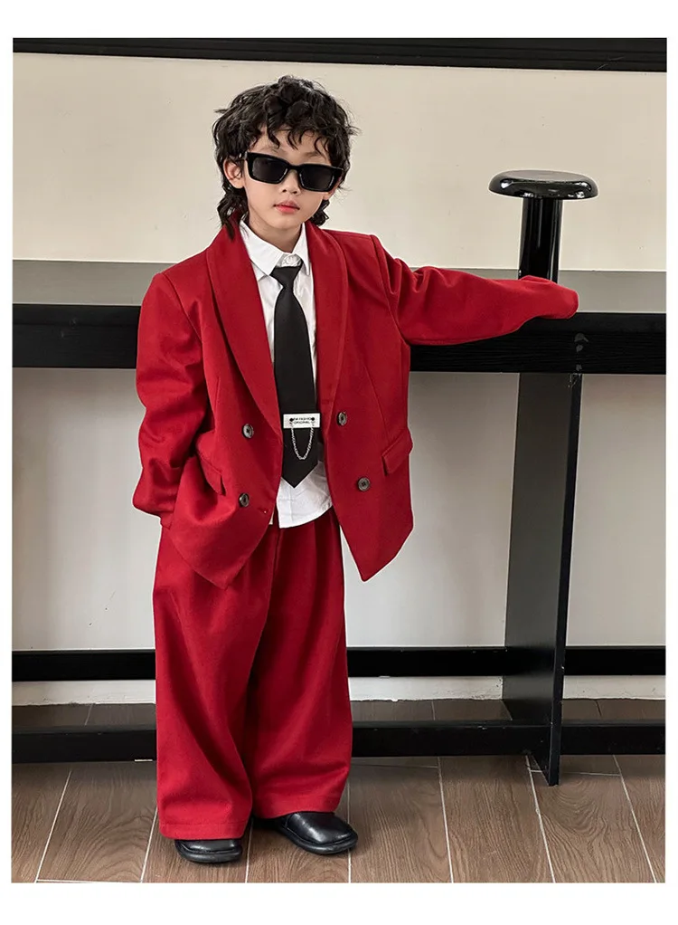 Boys Woollen Loose Blazer Jacket Pants Suits Kids Formal Dress Performance Casual Clothes Sets Child Toddler Party Leisure Suit