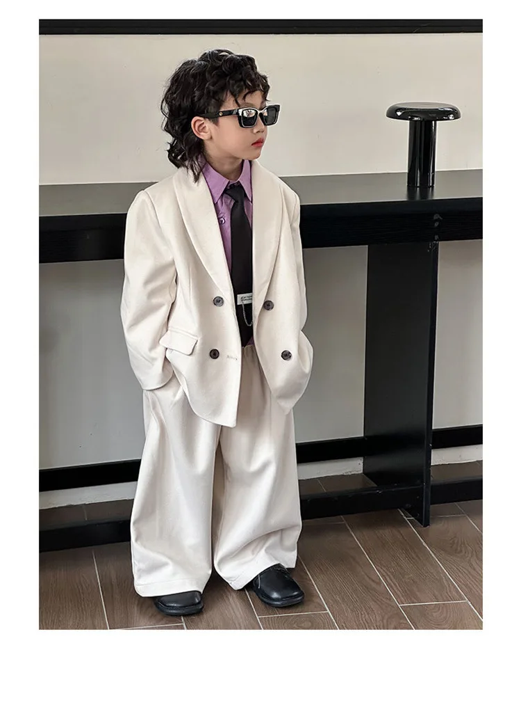 Boys Woollen Loose Blazer Jacket Pants Suits Kids Formal Dress Performance Casual Clothes Sets Child Toddler Party Leisure Suit