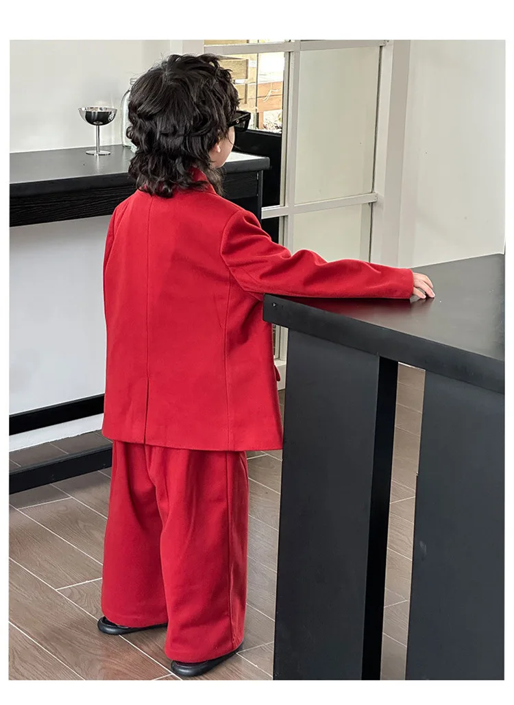 Boys Woollen Loose Blazer Jacket Pants Suits Kids Formal Dress Performance Casual Clothes Sets Child Toddler Party Leisure Suit