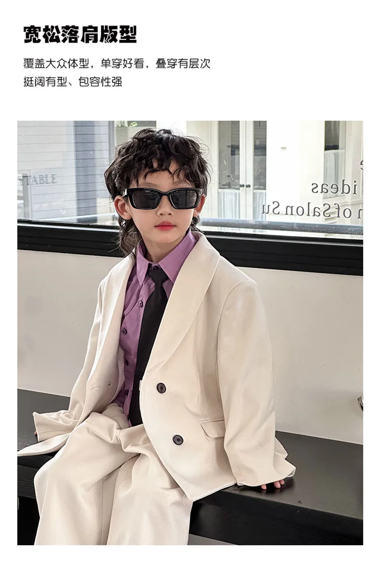 Boys Woollen Loose Blazer Jacket Pants Suits Kids Formal Dress Performance Casual Clothes Sets Child Toddler Party Leisure Suit