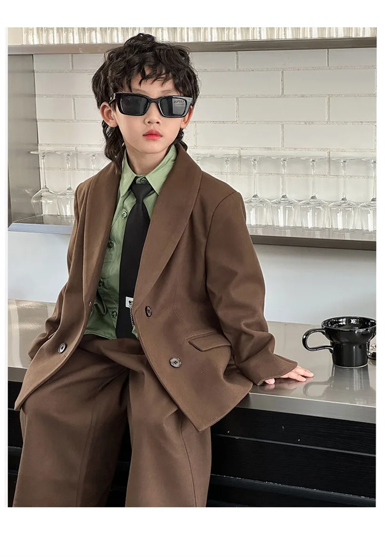 Boys Woollen Loose Blazer Jacket Pants Suits Kids Formal Dress Performance Casual Clothes Sets Child Toddler Party Leisure Suit