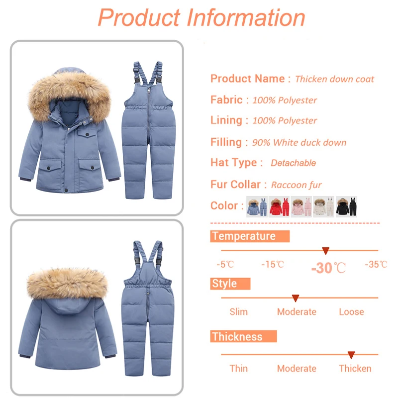 Winter Jackets for Kids Snowsuits Girl Duck Down Coat Boy Fur Collar Outerwear Children Suits insulated Overalls Baby Jumpsuits
