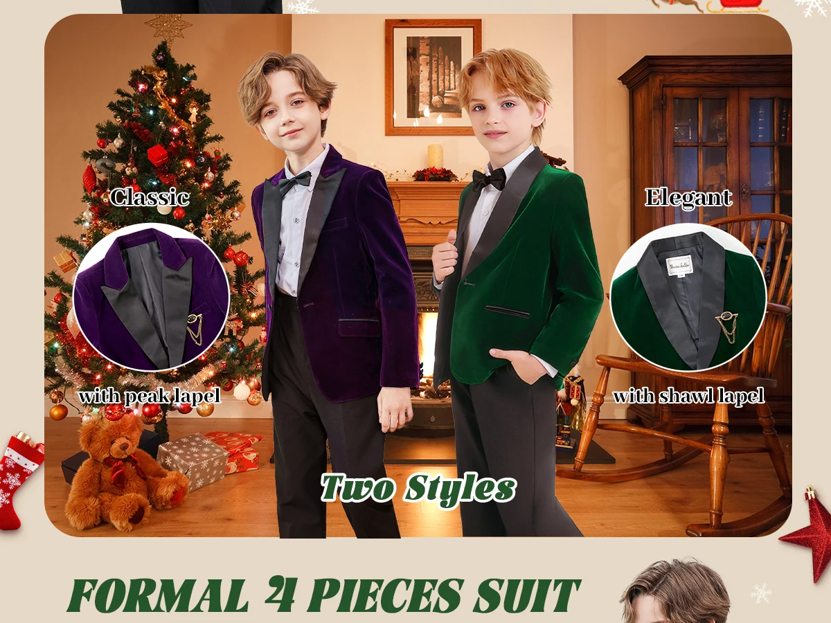 LOlanta 5Pcs Boys Christmas Velvet Formal Suits Kids Slim Tuxedo Set Classic Wedding Birthday Wear 3-12Years