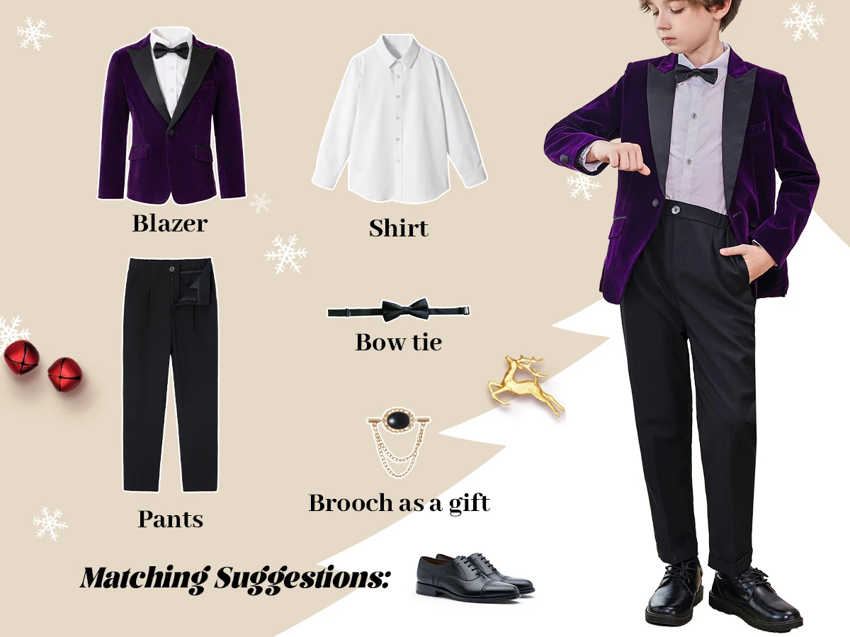 LOlanta 5Pcs Boys Christmas Velvet Formal Suits Kids Slim Tuxedo Set Classic Wedding Birthday Wear 3-12Years