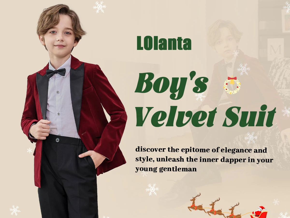 LOlanta 5Pcs Boys Christmas Velvet Formal Suits Kids Slim Tuxedo Set Classic Wedding Birthday Wear 3-12Years