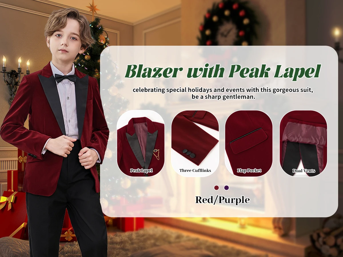 LOlanta 5Pcs Boys Christmas Velvet Formal Suits Kids Slim Tuxedo Set Classic Wedding Birthday Wear 3-12Years