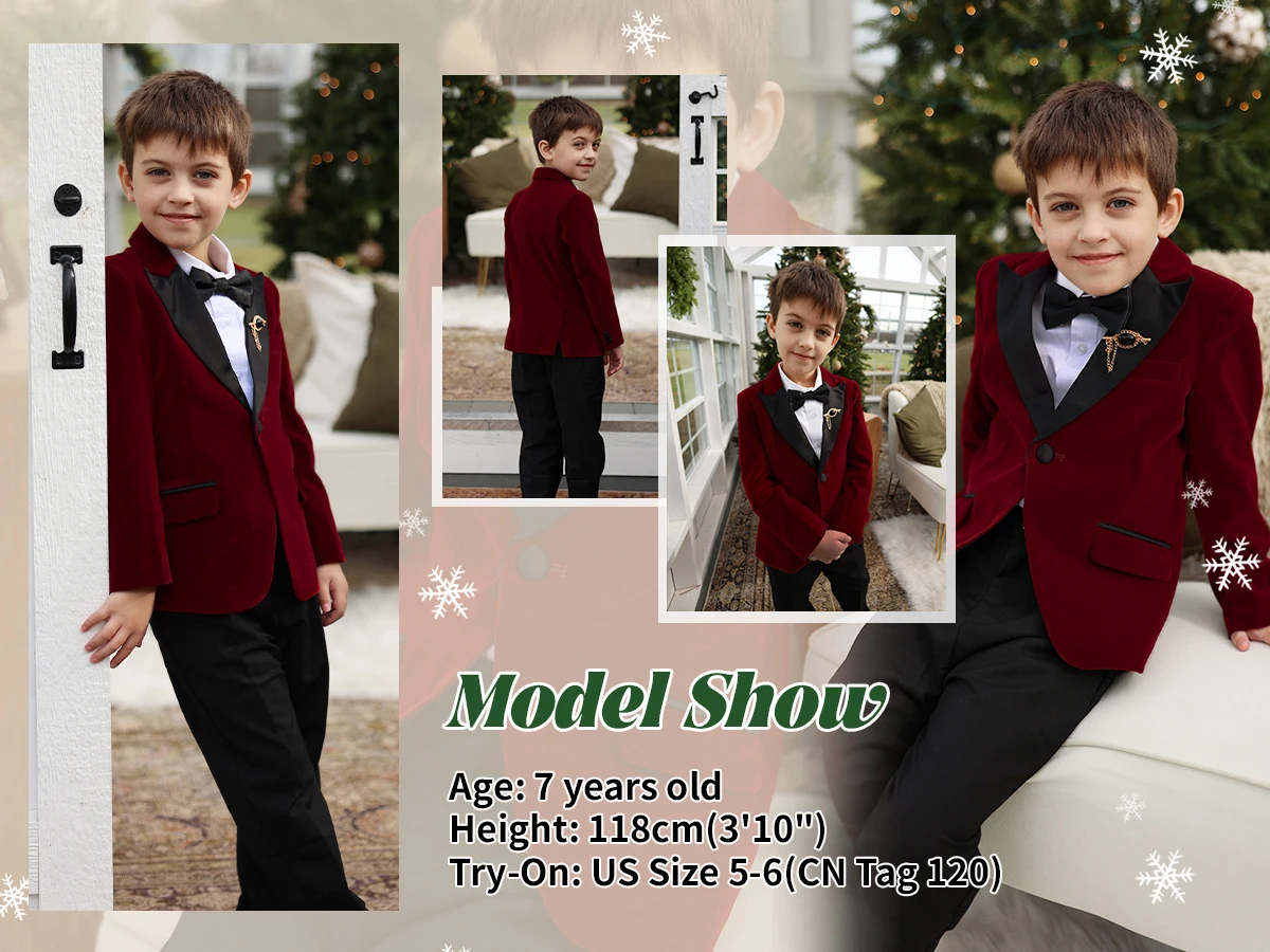 LOlanta 5Pcs Boys Christmas Velvet Formal Suits Kids Slim Tuxedo Set Classic Wedding Birthday Wear 3-12Years