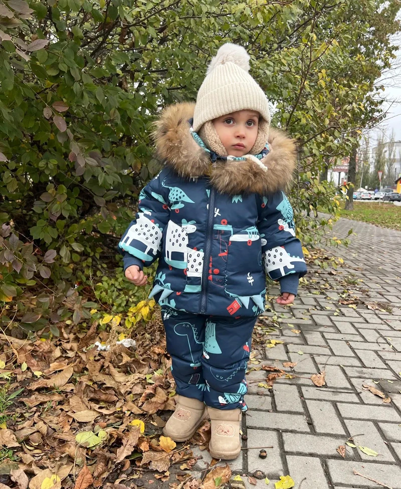 Winter Jackets for Kids Snowsuits Girl Duck Down Coat Boy Fur Collar Outerwear Children Suits Dinosaur Overalls Baby Jumpsuits