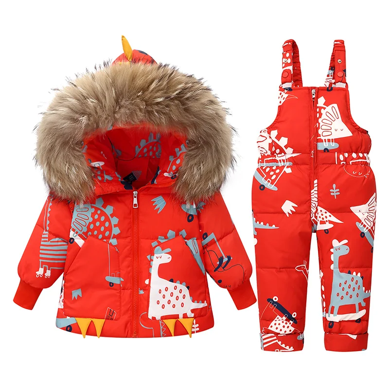 Winter Jackets for Kids Snowsuits Girl Duck Down Coat Boy Fur Collar Outerwear Children Suits Dinosaur Overalls Baby Jumpsuits